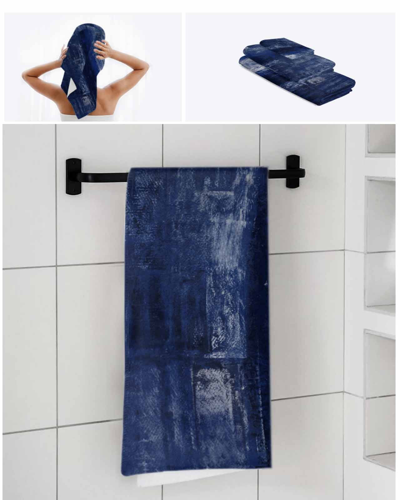 Navy Blue Bath Towels for Bathroom Set,Luxury Microfiber Towels Gifts for Women,Beach Kitchen Hand Hair Face Towel and Dish Washcloth,Retro Oil Painting Modern Abstract Art Aesthetics Towels+Set