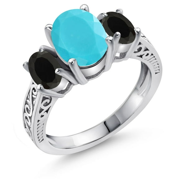 Gem Stone King 2.30 Ct Oval Green Turquoise Black Onyx 925 Sterling Silver Ring (Size 9)