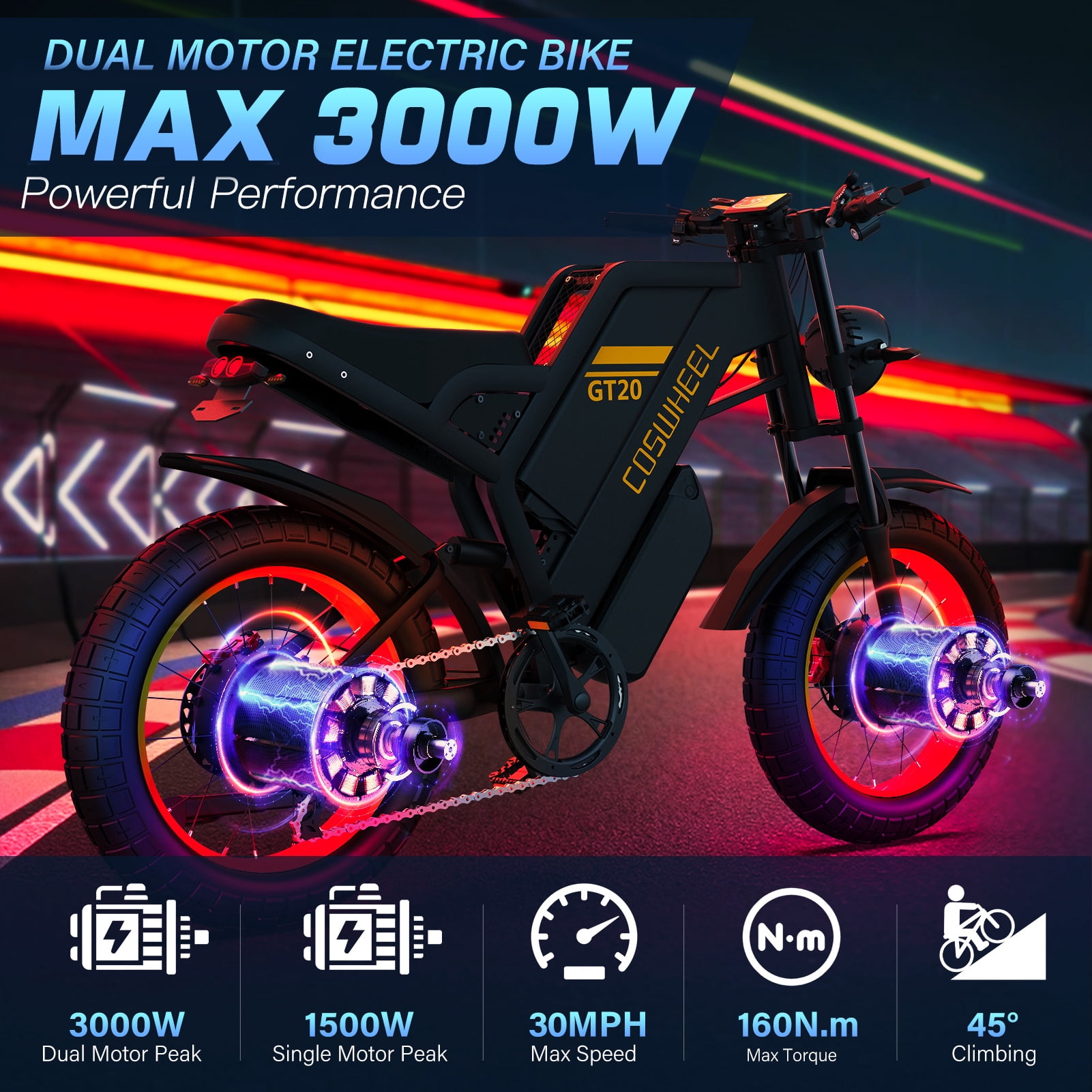 3000W(Peak) COSWHEEL GT20 Pro Electric Bike for Adults,48V40AH Dual Removable Battery, Max 145 Miles Electric Motorcycle, 37mph 7-Speed, 20" x 4.0 Fat Tire Ebikes UL2849