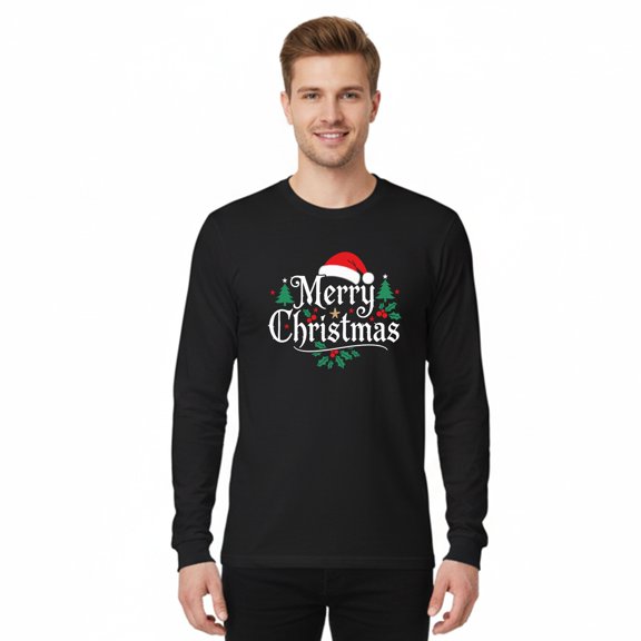Gildan Merry Christmas Graphic T-Shirt for Men, Long Sleeve Christmas Print Tee, Black, S