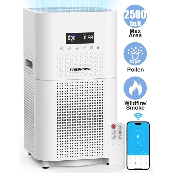 FRESHDEW Smart Air Purifier for Large Rooms up to 2500 Sq.ft, HEPA Air Purifiers for Pet Dander&Odor, Dust, Pollen, Wildfire/Smoke, AP401, White, 2026 New