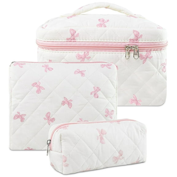 Syenll Makeup Bag, 3 Pcs Quilted Cosmetic Bag Set, Cute Bow Pattern Make Up Bag, Cotton Travel Toiletry Organizer Bag for Women Girls, Pink