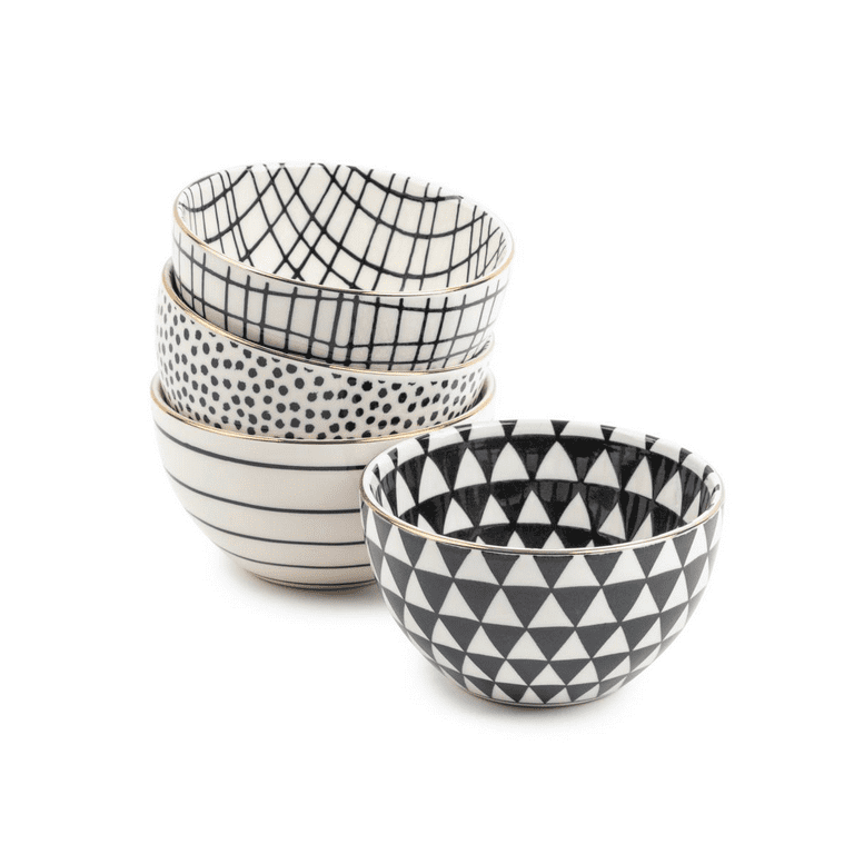 Thyme & Table Servware Assorted Black & White Stoneware Snack Round Bowls, 4 Pack