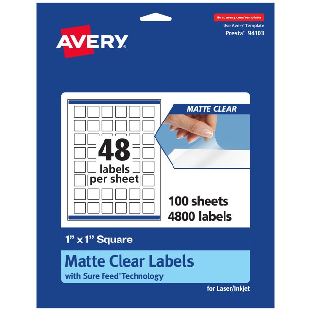 Avery Matte Clear Square Labels with Sure Feed, 1" x 1", 4,800 Matte Clear Labels, Print-to-The-Edge, Laser/Inkjet Printable Labels