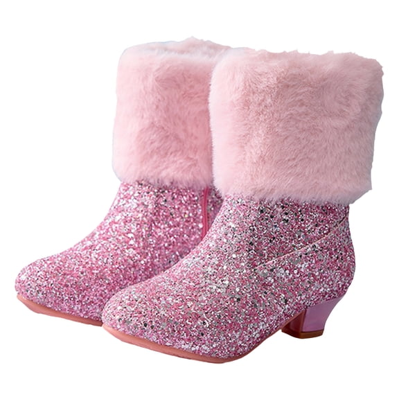 Girls Snow Boots Fashion Splice Glitter Sequin Plush Kitten Heel Princess Dress Winter Booties Casual Nonslip Side Zipper Furry Lined Warm Ankle Boots 12.5 Little Kid Red