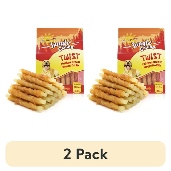 (2 pack) Jungle Calling Rawhide Free Dogs Treats Chicken Wrap Cod Sticks Dog Treats, Soft Chewy Training Treats, 10.6 oz