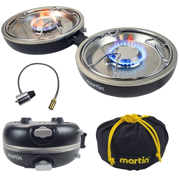 Martin MCS300 Propane Camping Stove - 20,000 BTU Folding Dual Stove with 2 Adjustable Burners, Piezo Ignition and Hose; Portable Cooking Gear for Backpacking, Camping and Hiking