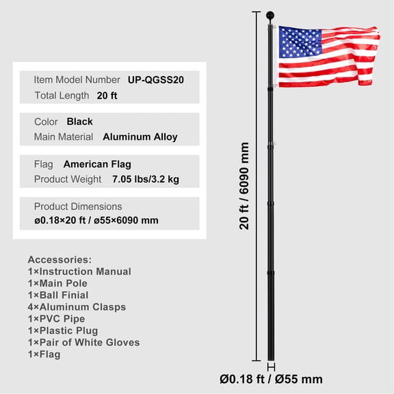 20FT Telescoping Flag pole Kit, Heavy Duty Aluminum Alloy in Ground Flag Poles for Outside, 3 Display Modes Flagpole with 3x5 American Flag, Professional Accessories, Black