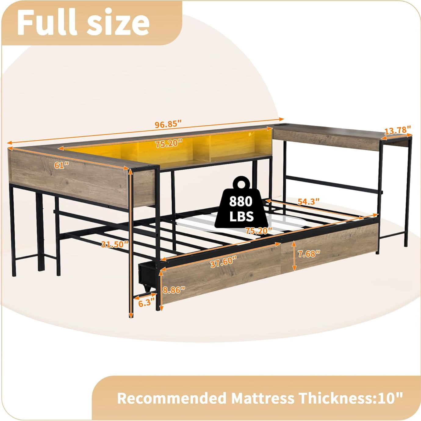 Miniyam Full Size Daybed with Desk and Bookcase Headboard, LED Light Bed with Charging Station and Storage Drawers for Teen, Gray