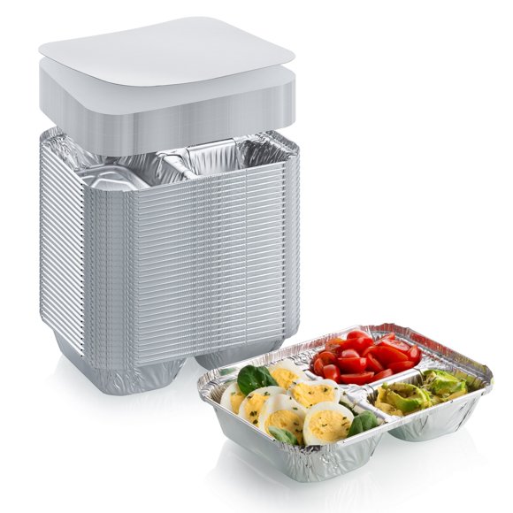 DCS Deals Plateau-Repas Jetable en Aluminium avec Couvercles en Papier â?? Plateau en Aluminium à 3 Compartiments â?? Parfait pour les Lunchs sur le Pouce, Leftove