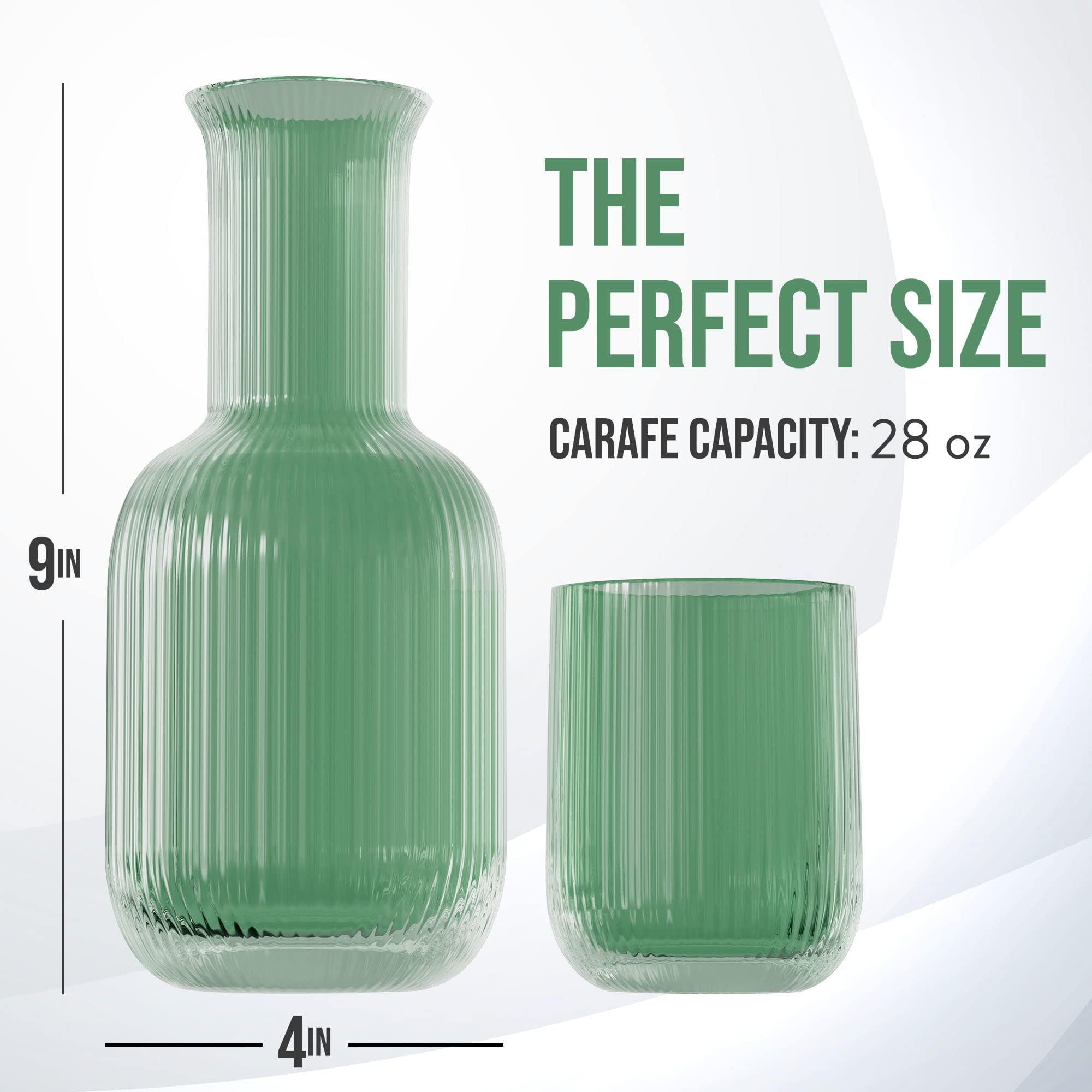 American Atelier 28 oz Bedside Water Carafe with Tumbler – 9" Ribbed Glass Pitcher with Cup Lid for Nightstand, Guest Room, Office, Bathroom, Stylish & Functional Drinkware (Green)
