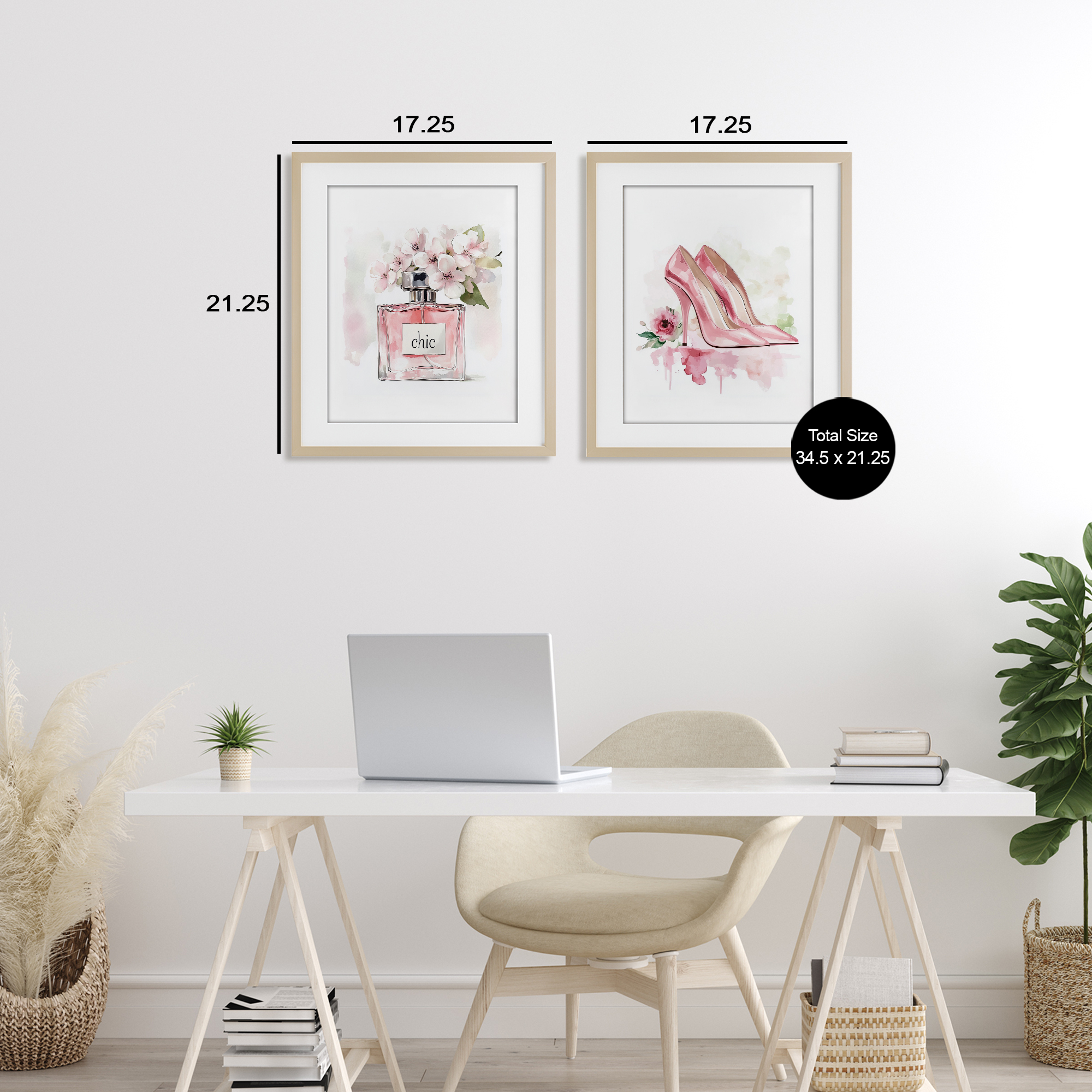 Rosy Pastel Perfume & Heels 2 Piece Birch Framed Print Under Glass Set, design by Christine Simpson Art
