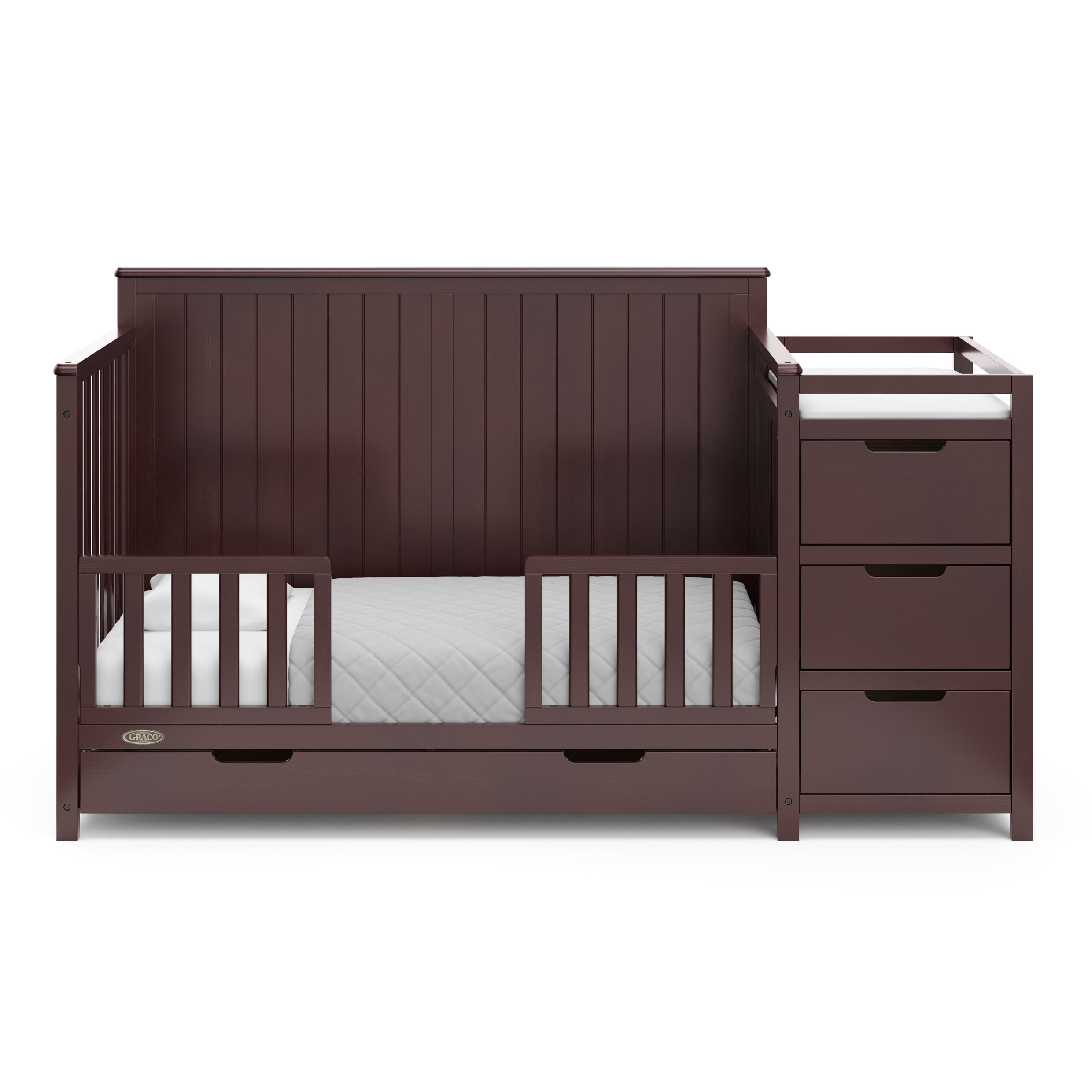Graco Hadley 5-in-1 Convertible Crib and Changer and Premium Crib & Toddler Mattress Bundle, Espresso