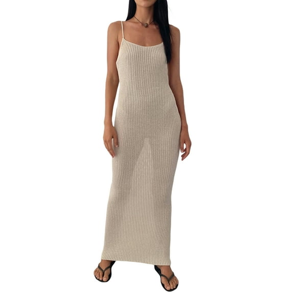 Coduop Women Knitted Spaghetti Strap Dress Crochet Bodycon Beach Dresses See Through Long Dress