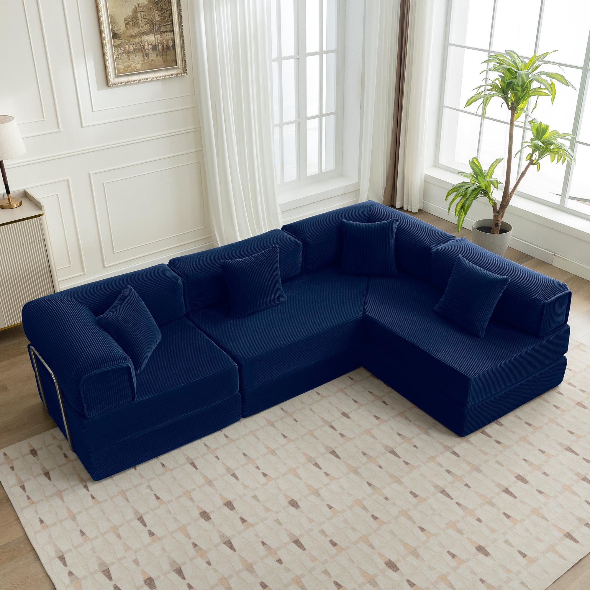 COOLHUT 106.3" W Combination Sofa, High Rebound Density Sponge Sofa Couch, Modular Sectional Sofa L-Shape Corduroy Couch with Chaise, Big Comfy Sleeper Floor Sofa for Living Room, Navy Blue