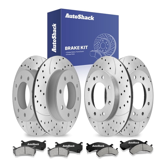 AutoShack Front & Rear Brake Rotors & Ceramic Pads for Chevrolet, Silverado 2500 HD 2001-2006, 4WD RWD V8 6.0L 6.6L 8.1L - Coated Drilled & Slotted - Silver Matte Finish - TurboGuard