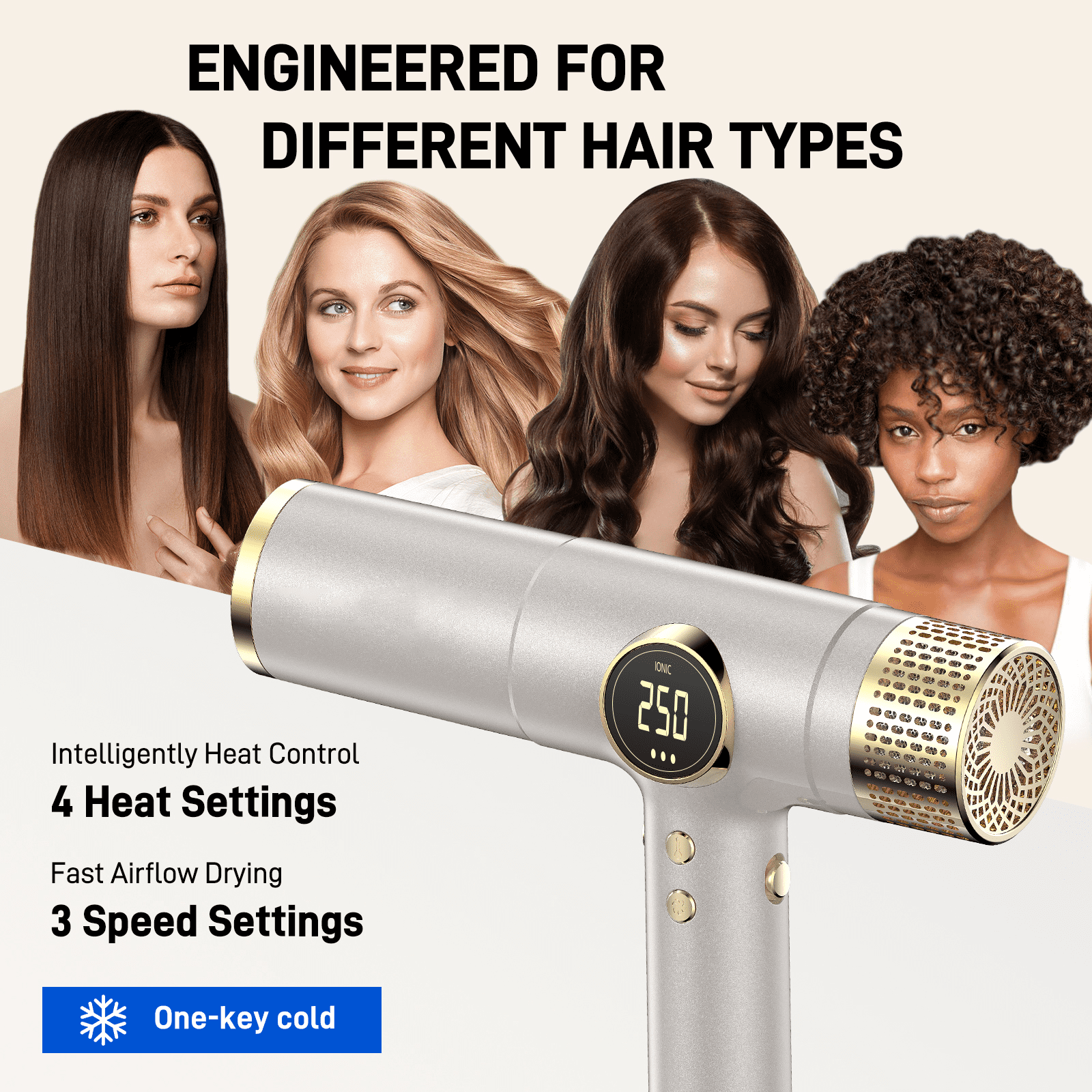 Professional 110,000 RPM High-Speed Hair Dryer with LED Display, 2000W Powerful Ionic Blow Dryer for Fast Drying, Brushless Motor Travel Dryer with Diffuser and Concentrators, Champagne Gold
