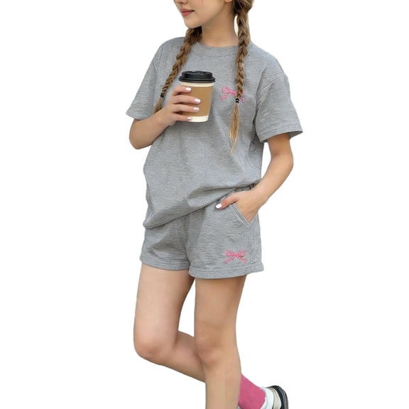 OGLCCG Teen Girls Casual 2 Piece Outfit Set Short Sleeve Crewneck Graphic Tees and Shorts with Pockets Loose Fit Summer Clothes Sets 6-14 Years