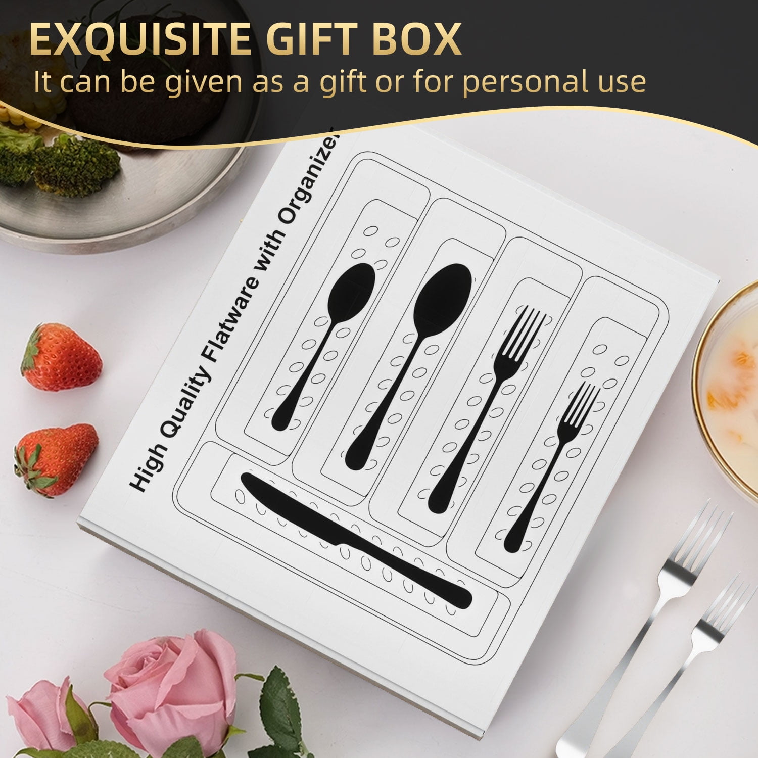 TINANA 48 PCS Silverware Sets with Organizer, Silver Flatware Set Set for 8, Premium Stainless Steel Cutlery Utensil Set with Steak Knives Forks and Spoons, Dishwasher Safe