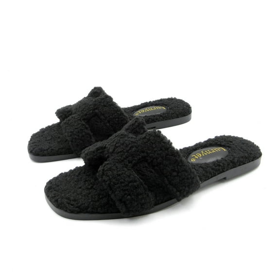 Lurnyet Furry Slipper Sandal with Warm Plush Lining for Outdoor Indoor