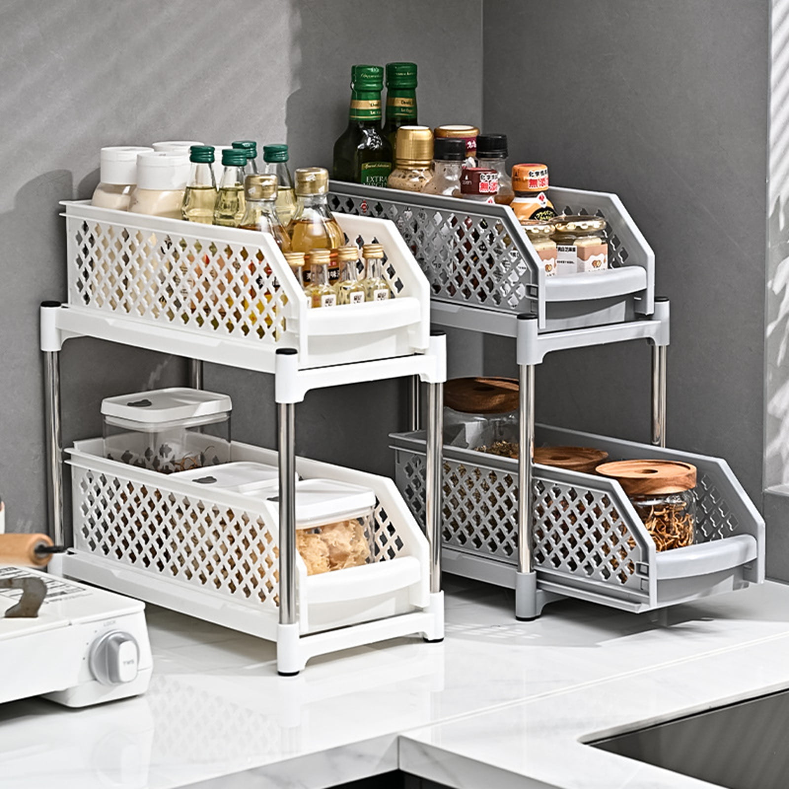 Bxaolu Bathroom Organizer, 1Pack 2 Tier Stackable Under Sink Organizers and Storage Cabinet Organizers for Bathroom Kitchen Pantry Organization and Storage, Plastic Cabinet Organizer, Gray