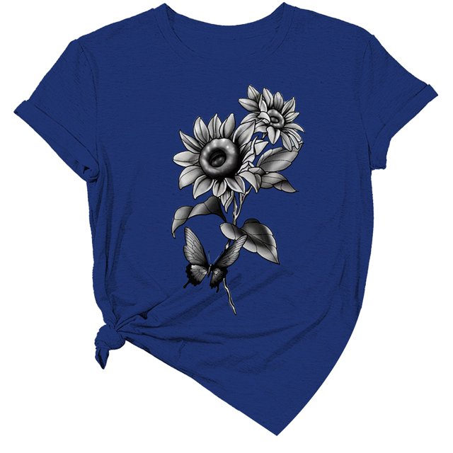Liquidation! Uooqdmx T-Shirts Graphiques, Chemises Florales pour Femmes, Chemises Tournesol pour Femmes, T-Shirt Décontracté à Manches Courtes Col Rond Printemps, Hauts de Printemps pour Femmes 2025, Bleu Foncé 3TG