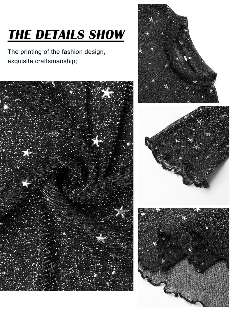 ZXSXSY Glitter Star Sheer Mesh Top for Women Short Long Sleeve