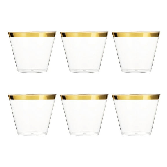 6 Pack Gold Plastic Cups, 9Oz Elegant Clear Plastic Cups Gold Rimmed Disposable Wine Glasses