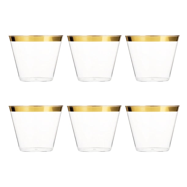 vasos de plástico desechables de 9 oz con borde dorado para cócteles, vino, bodas, cumpleaños y despedidas de soltera.