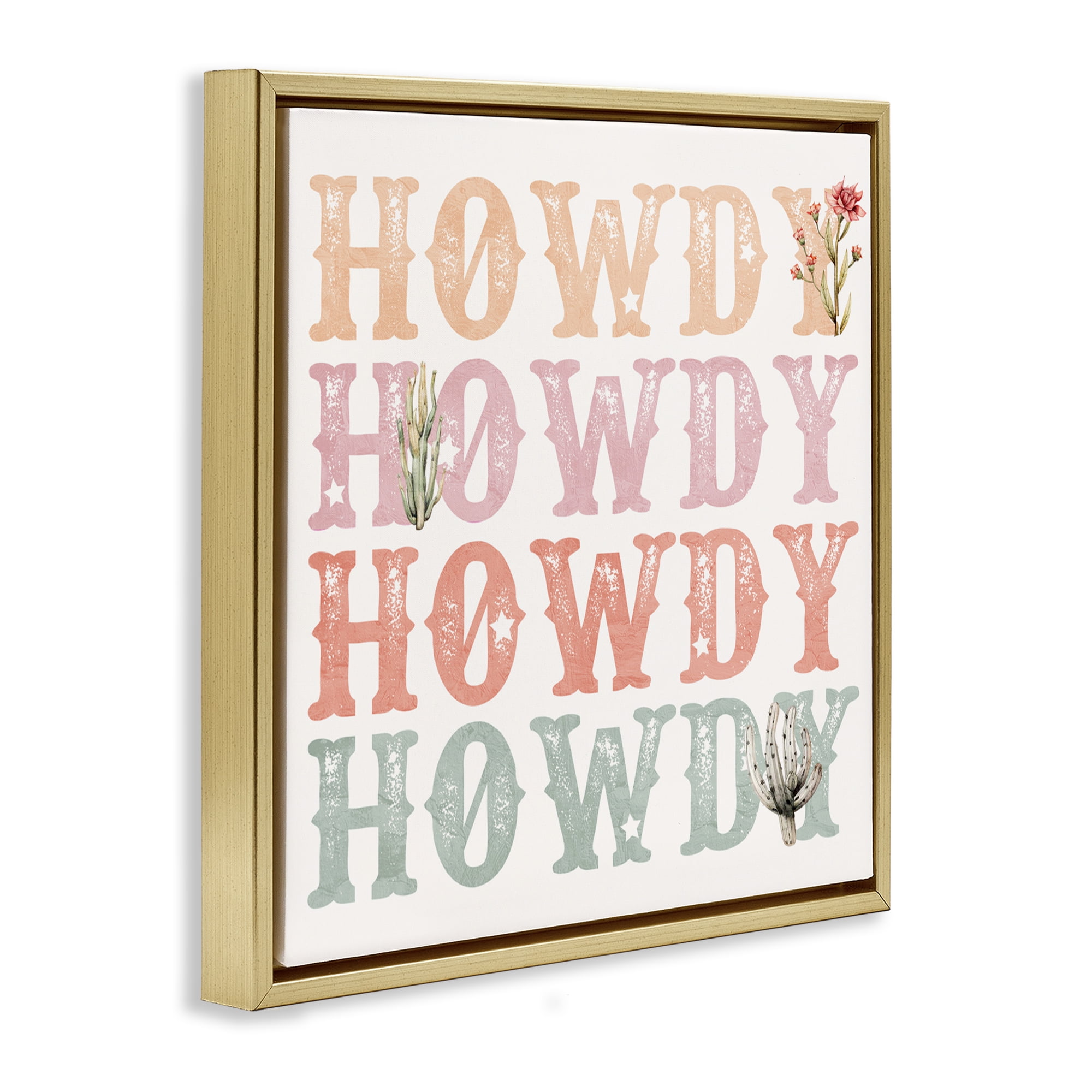 Vintage Howdy Rainbow Text Gold Framed Floater Canvas Wall Art, design by Kim Allen