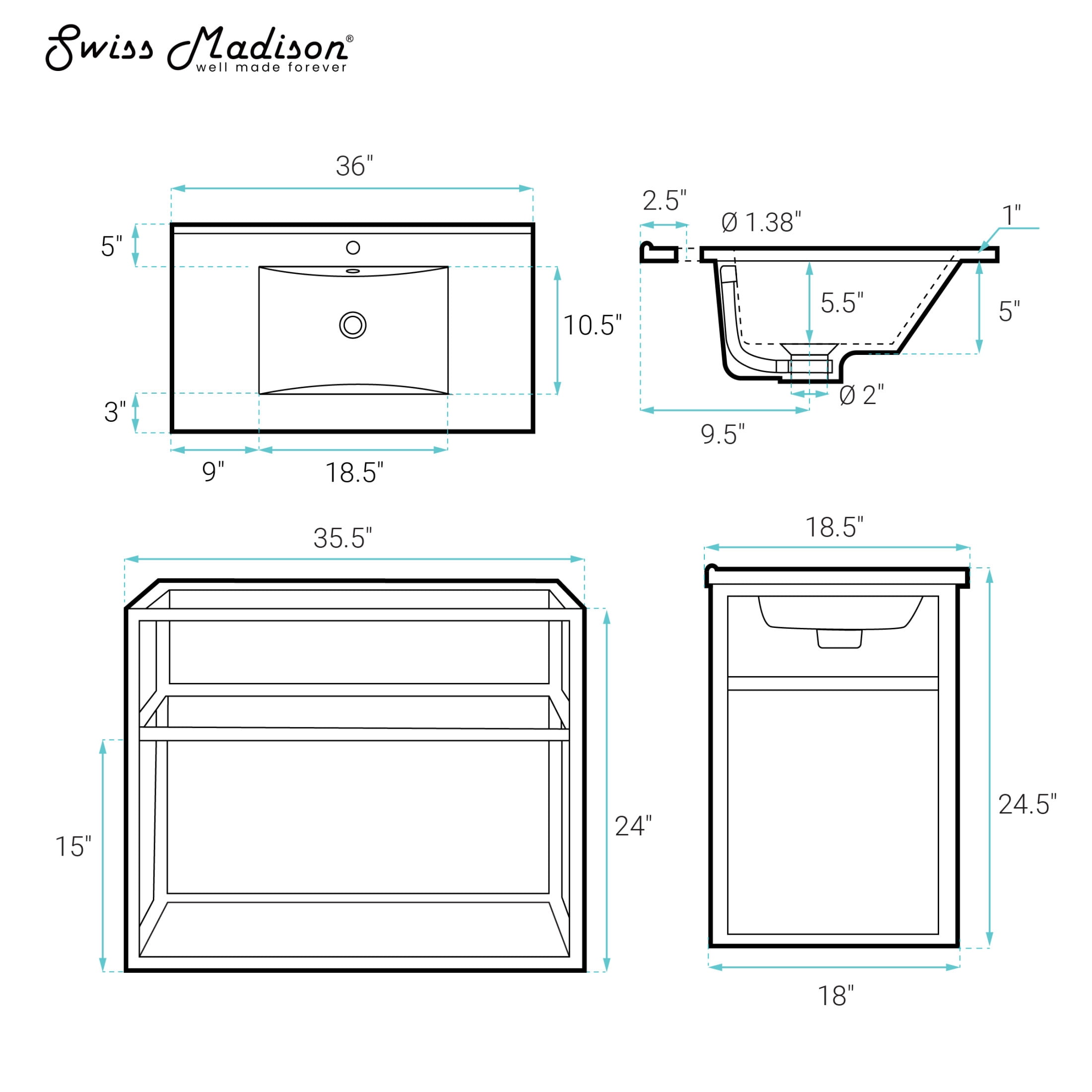 Pierre 36 Single, Metal Frame, Open Shelf, Bathroom Vanity
