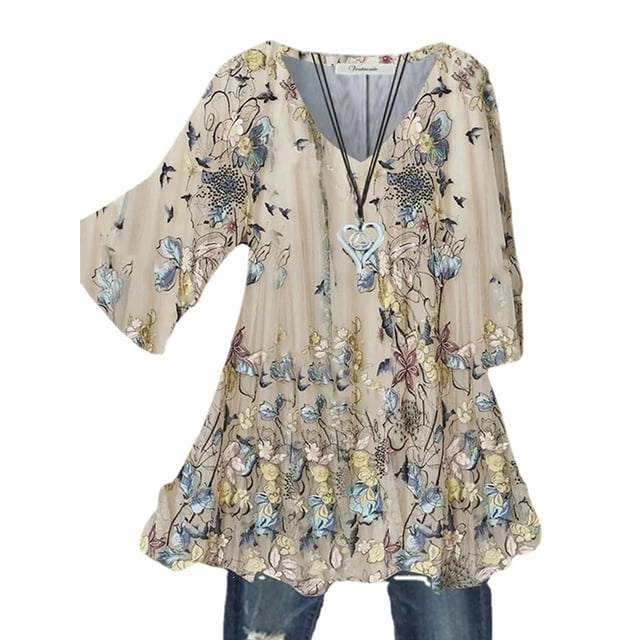 MAWCLOS Women Blouse V Neck Tops Ruched Tunic Shirt Elegant Beach Floral Print Pullover #12 S