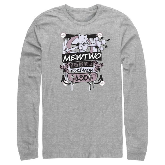 Men's Pokemon Mewtwo Ready for Battle Long Sleeve Shirt Athletic Heather Medium