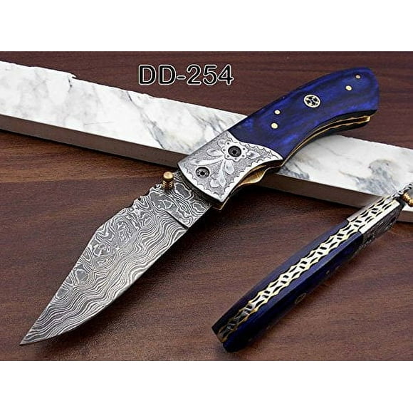 Damascus steel folding knife, 8.3" long knife with hand forged 4" blade, Blue Colored Bone & custom made engraved steel bolster scale, Cow Hide Lather sheath included
