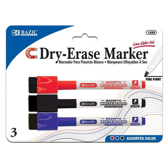 BAZIC Magnetic Dry Erase Marker, Fine Tip Whiteboard Markers (3/Pack), 1-Pack