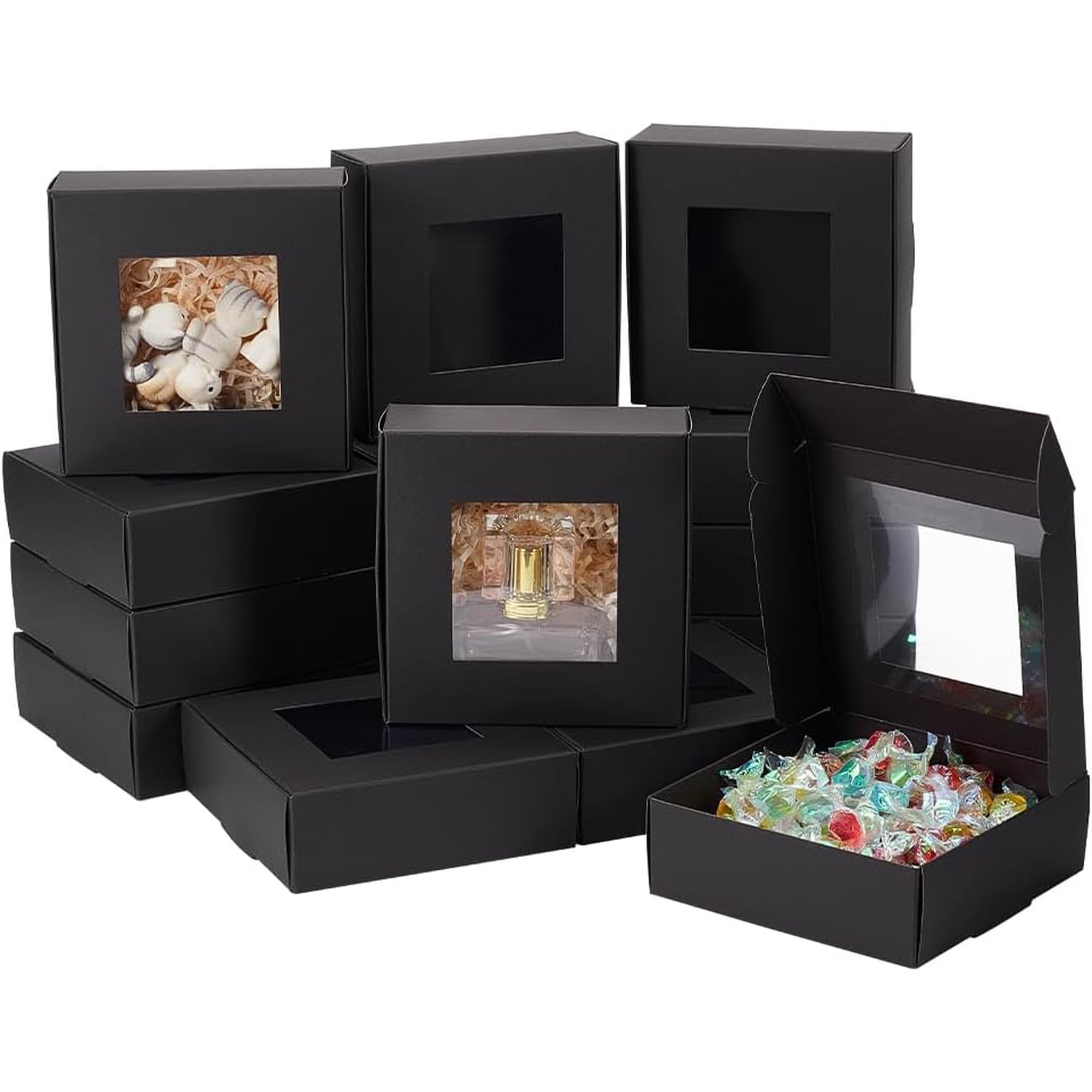 16pcs Black Mini Paper Boxes PVC Window Gift Boxes Square Present Boxes for Wedding Gift Chocolates Cookies and Other Small Crafts 4.9x4.7x1.6 Inch Mixed Color
