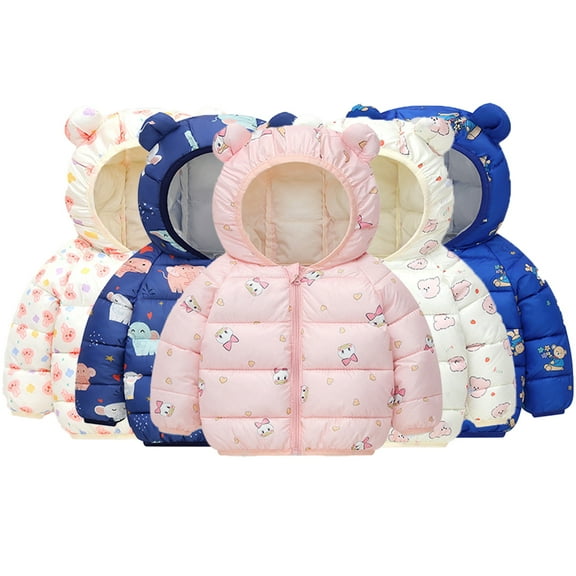 Godderr Toddler Boys Girls Flower Color Winter Jacket Kids Hooded Down Cotton Coats Cartoon Print Cotton Coat Tops Zipper Warm Outerwear for 1-7 Years