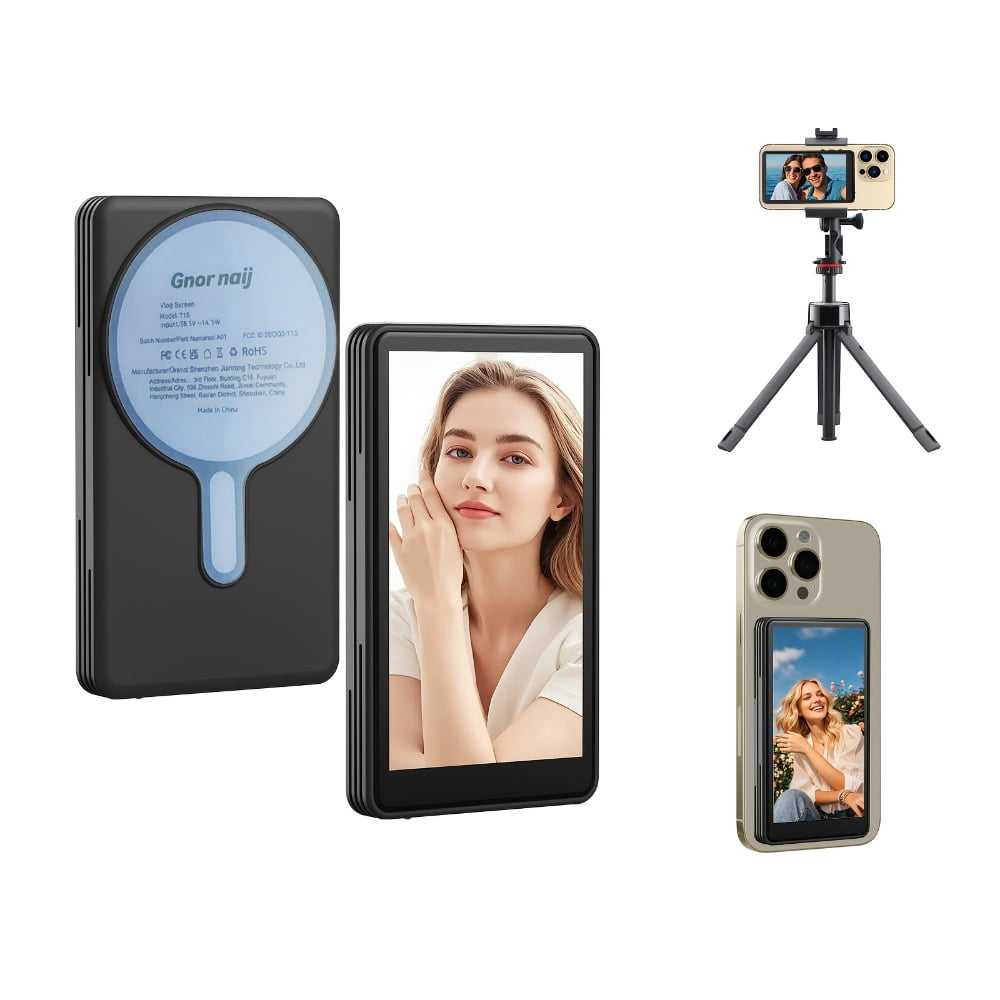Magnetic Wireless Vlog Screen & Mini Monitor with Phone Clip Mount for iPhone 15 16 17 Android, External Display for Live Streaming & Video Shooting