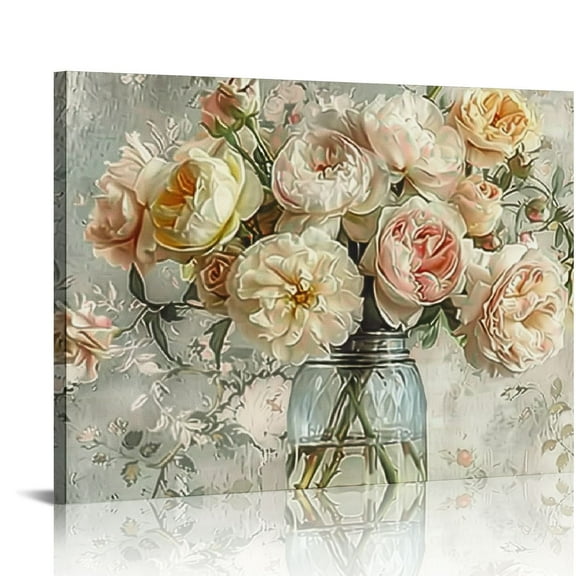 JRXY Flower Painting Wall Art Bedroom Watercolor Mason Jar Floral Retro Abstract Pictures Canvas Wall Decor Printed Art Framed for Home Decor Kitchen Bathroom Decorations Ready to Hang pattern1