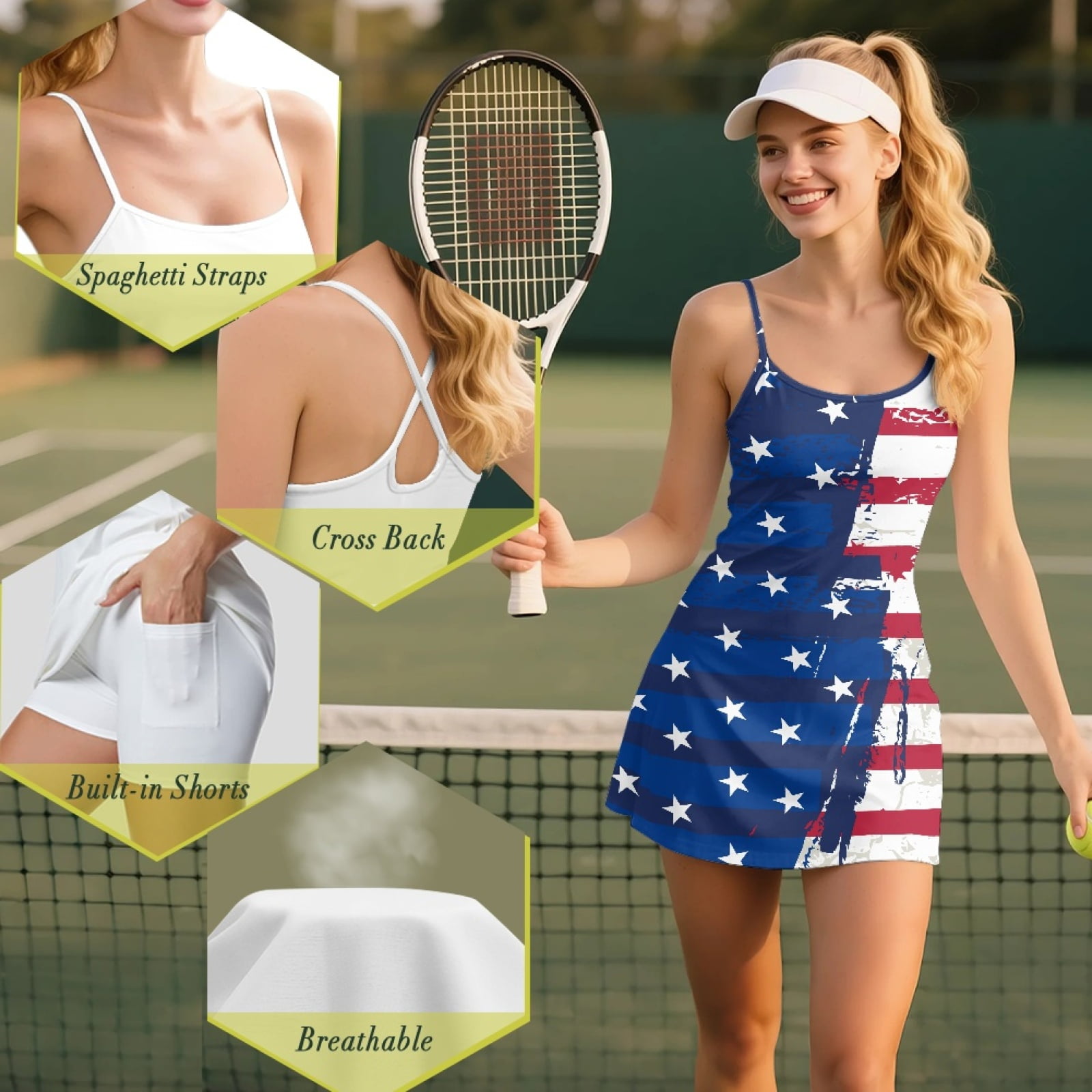 Yuyamidu American Flag Womens Tennis Dress Summer Golf Dress with Built in Shorts Stylish Sleeveless Workout Athletic Dresses with Pocket Size XL, 4th of July