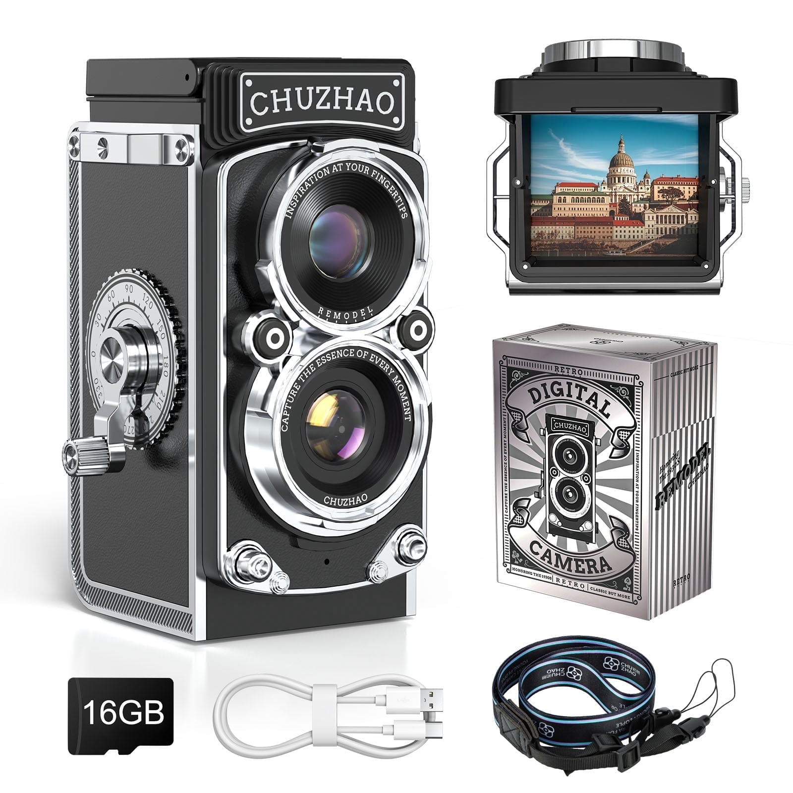 Bluefire Mini Vintage Digital Camera, Vintage TLR Style Point and Shoot Camera with Autofocus, 1080P Video, 48MP Photos, 32GB Card Included, Compact Pocket Camera for Teens & Adults, Black
