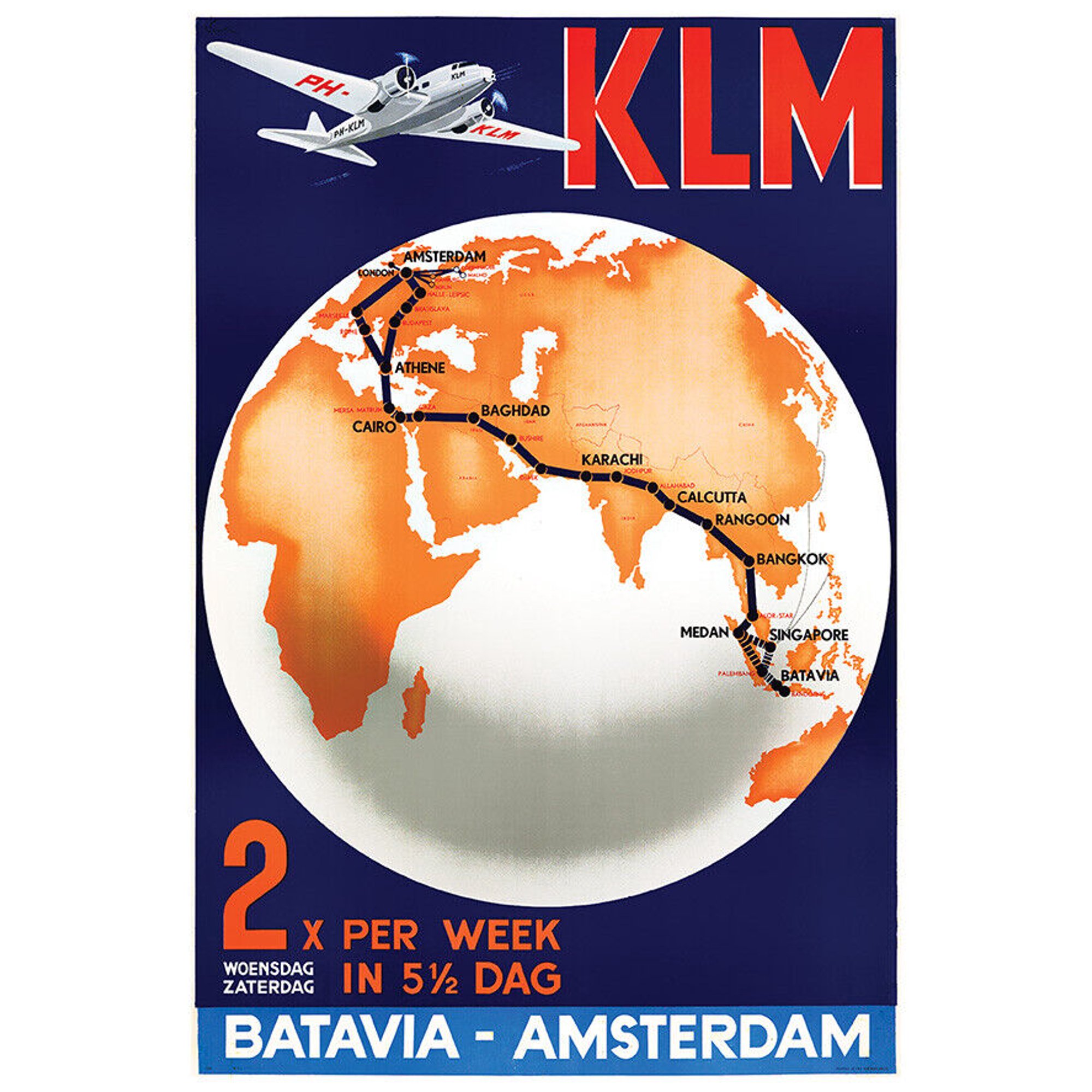 KLM - Royal Dutch Airlines - Amsterdam - 1950s - Vintage Travel Poster (8x12Inches-US/CANOnly)