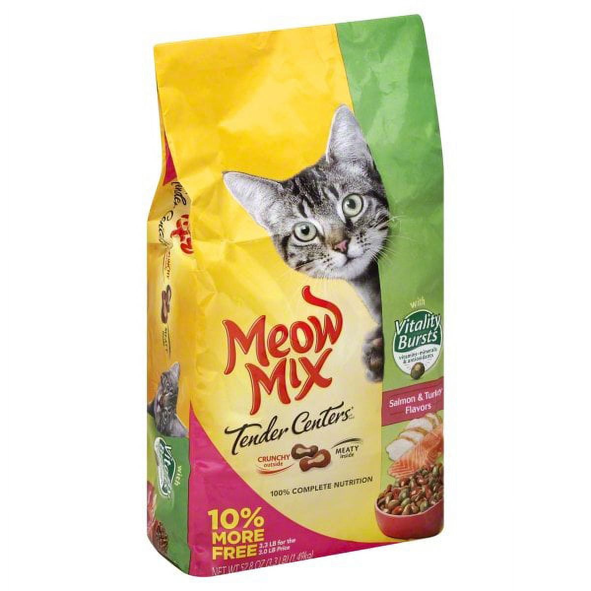 Meow Mix Tender Centers Salmon & Turkey Flavors with Vitality Bursts Dry Cat Food, Bonus Bag, 3.3-Pound