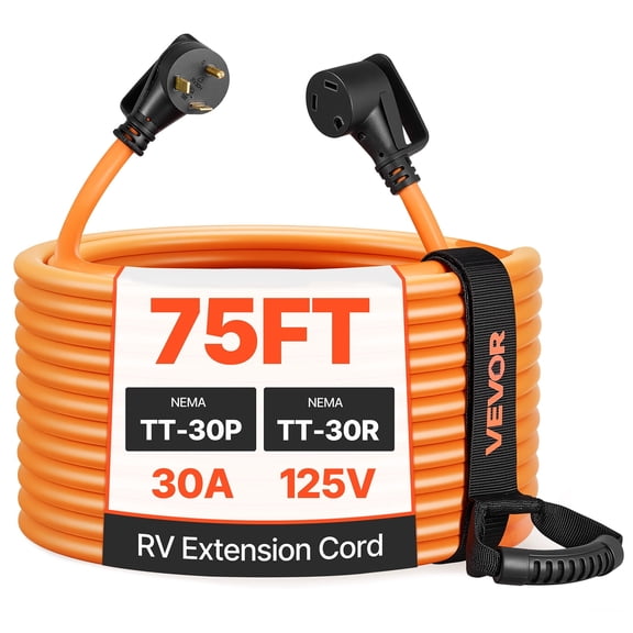 VEVOR 30A 75ft RV Extension Cord, 125V 2500W, Heavy Duty 10/3 Gauge STW RV Power Cord, NEMA TT-30P to NEMA TT-30R, with Power Indicator, Cord Organizer, 15A Adapter, for Camper Travel Trailer