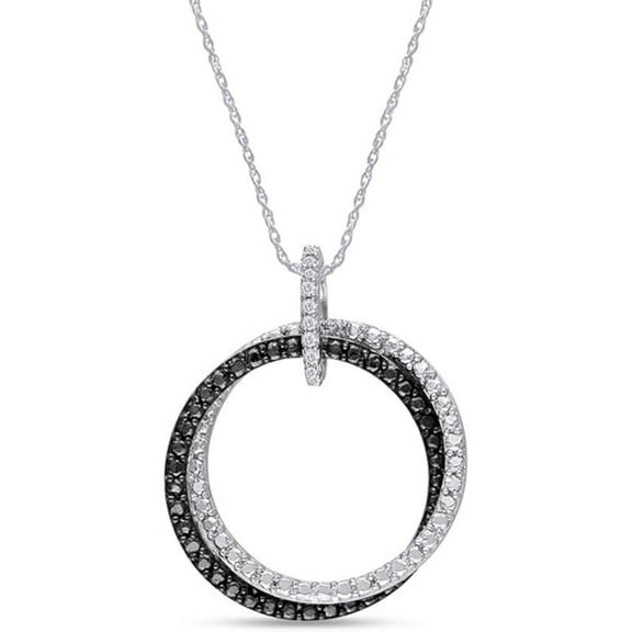 Real 925 Sterling Silver 14K White Gold Plated Round Cut White & Black Diamond Interlocking Circle Pendant Necklace For women