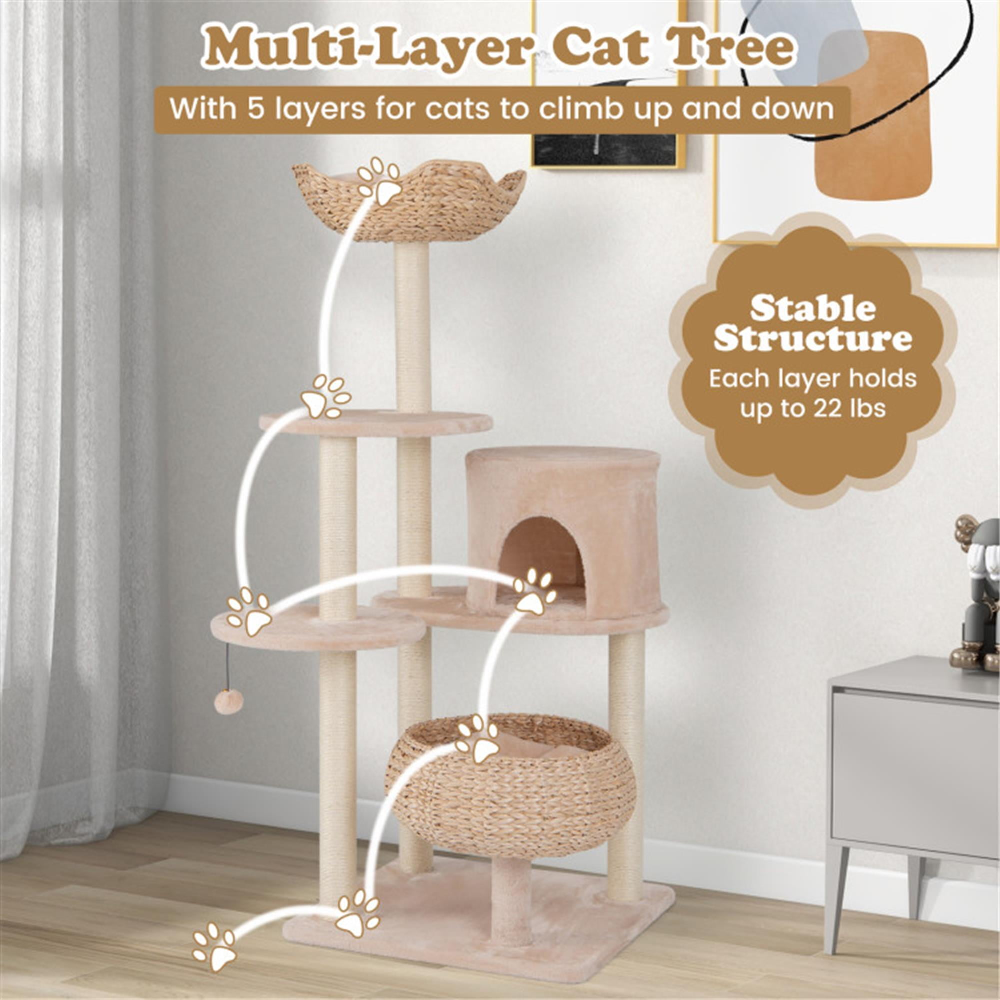 resenkos 58" Modern Cat Tree Tower for Indoor Cats w/Natural Sisal Scratching Posts, Hand-Woven Condo and Top Perch, Cat Tree House for Kittens Climb Play, Beige