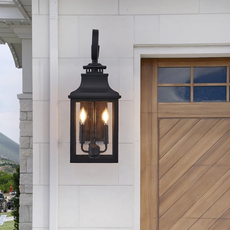Outdoor Wall Lantern Light, 23" Vintage Black Metal Sconce with Clear Seeded Glass, Weatherproof for Porch, Patio, Garden, 1-Pack (Bulb Not Included)
