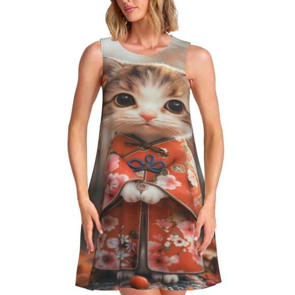 Vsdgher Adorable Kitten In Kimono Print Summer Dresses for Women Casual U Neck Beach Dress Sleeveless Tank Loose Sundress with Pocket