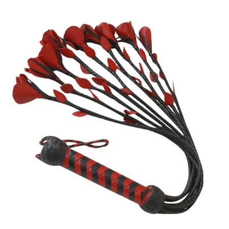 Genuine Heavy Duty Leather Flogger with Red Rose and Petals Whip