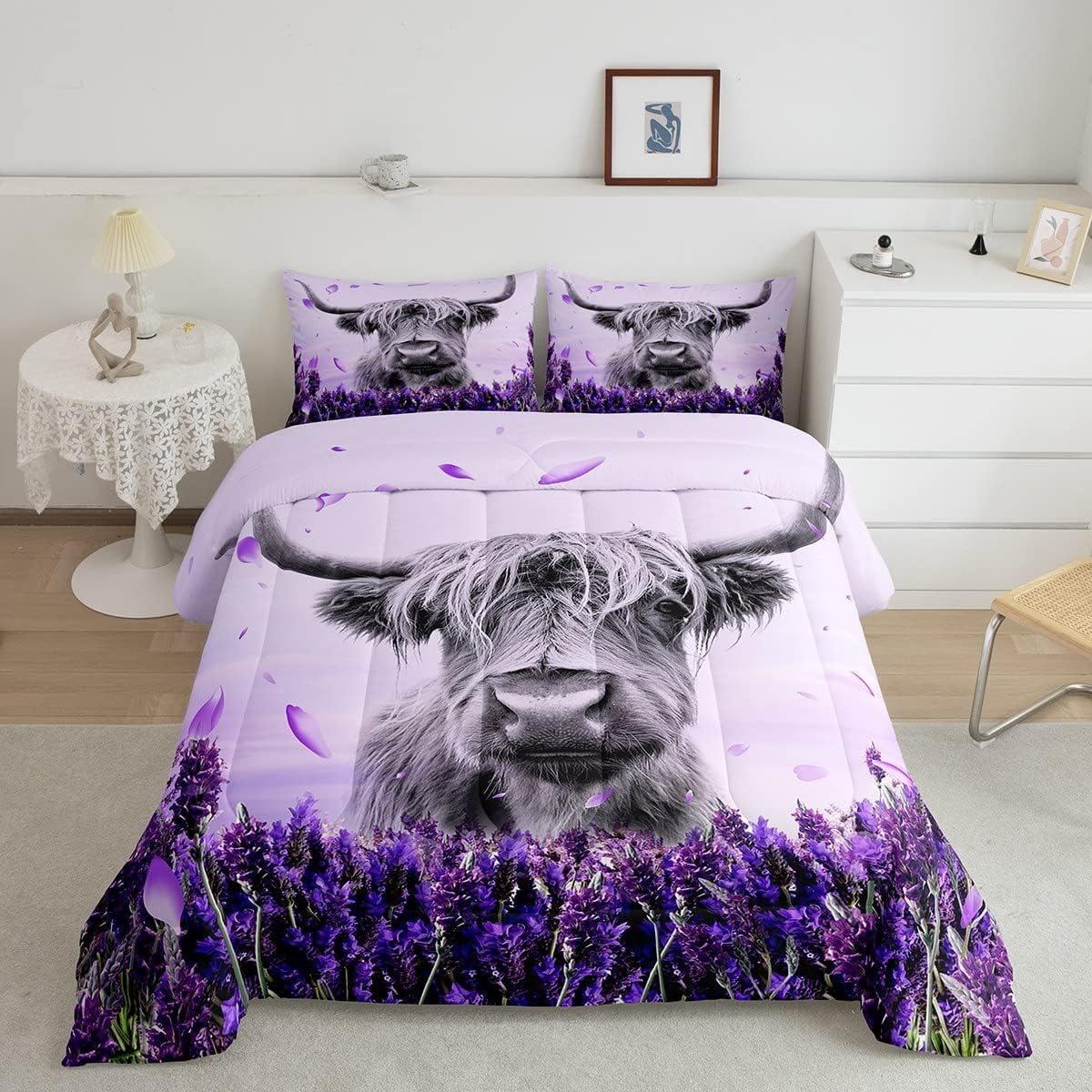 YST Highland Cow Bedding Sets Twin Size,Purple Lavender Comforter Set